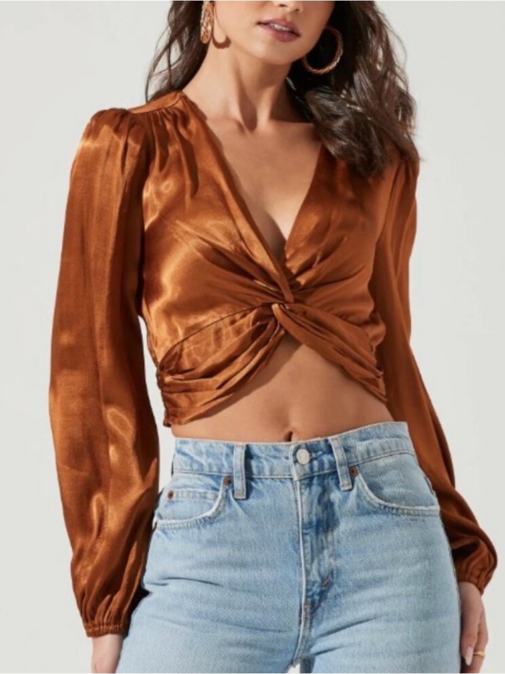 ASTR The Label Nix Twist Front Copper Crop Blouse Long Sleeve Size Small